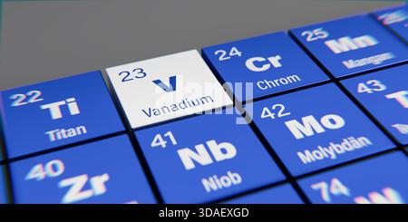 Vista di dettaglio dell'elemento chimico V vanadio con il numero atomico 23 all'interno della tavola periodica degli elementi in tedesco. Effetto di dispersione dinamica a. Foto Stock