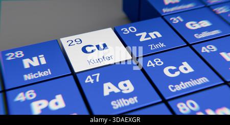 Vista di dettaglio dell'elemento chimico rame Cu (tedesco: Kupfer) con numero atomico 29 nella tavola periodica degli elementi in tedesco. Dispersione dinamica e. Foto Stock
