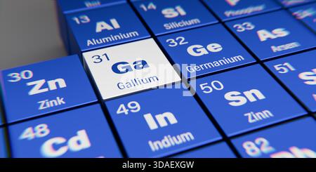 Vista di dettaglio dell'elemento chimico GA Gallium con il numero atomico 31 all'interno della tavola periodica degli elementi in tedesco. Effetto di dispersione dinamica a. Foto Stock