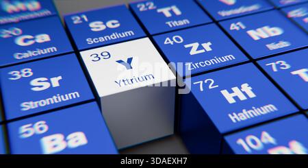 Vista di dettaglio dell’elemento chimico Y Yttrium con il numero atomico 39 all’interno della tavola periodica degli elementi in tedesco. Effetto di dispersione dinamica a. Foto Stock