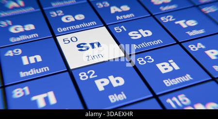 Vista di dettaglio dell'elemento chimico Sn Tin (tedesco: Zinn) con numero atomico 50 all'interno della tavola periodica degli elementi in tedesco. Effetto di dispersione dinamica Foto Stock