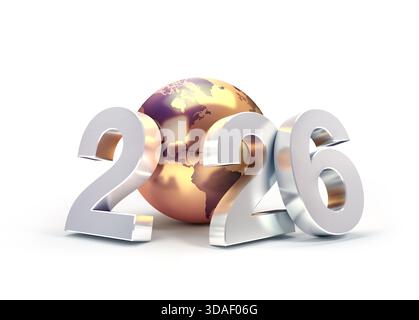2026 numero di data con globo in terra d'oro, isolato su bianco, biglietto di auguri di Capodanno Foto Stock