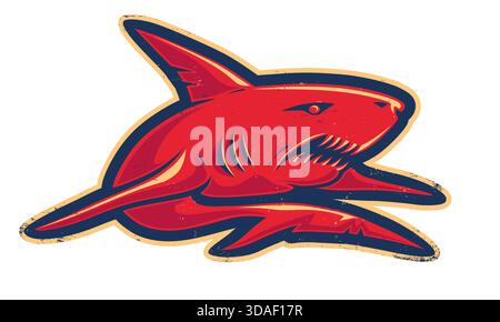 Illustrazione vettoriale d'epoca di squalo rosso arrabbiato. Logo vettoriale retrò di SHARK per la squadra sportiva. Illustrazione Vettoriale