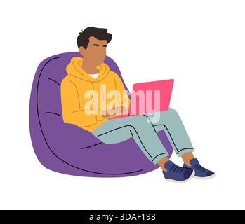 Un tizio che lavora su un computer portatile seduto su una sedia a sacco Illustrazione Vettoriale