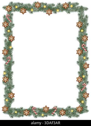 Cornice di Natale con acquerello con ghirlande di abete, stelle di pan di zenzero, canne di caramelle e luci, dipinte in un morbido stile festivo. Ideale per le vacanze Foto Stock