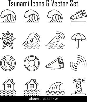 Set icone tsunami – illustrazione vettoriale di catastrofe naturale, simboli di pericolo d'onda e di emergenza Illustrazione Vettoriale