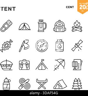 Set icone tenda - illustrazione vettore campeggio, avventura all'aperto e simboli di viaggio Illustrazione Vettoriale