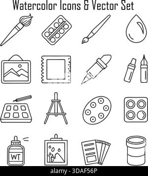 Set icone acquerello: Illustrazione vettoriale dipinta a mano, raccolta di simboli decorativi artistici Illustrazione Vettoriale