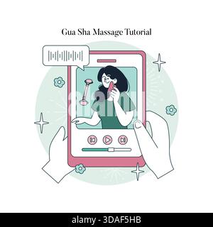 Mani in mano uno smartphone che mostra un tutorial di massaggio Gua Sha con una donna che utilizza uno strumento Gua Sha sul viso. Illustrazione vettoriale progettata per argomenti di bellezza e benessere. Illustrazione Vettoriale