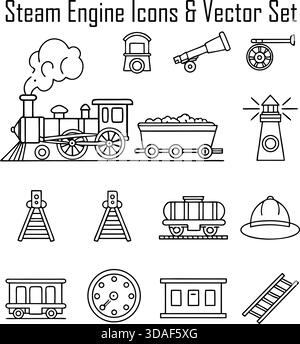 Set icone motore a vapore - illustrazione Vintage Train Vector, simboli macchinari industriali Illustrazione Vettoriale