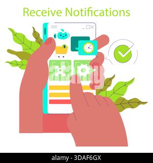 Illustrazione vettoriale che mostra una persona che interagisce con uno smartphone per controllare e ricevere notifiche. Sullo schermo vengono visualizzate varie icone e un segno di spunta, che simboleggiano gli avvisi confermati. Illustrazione Vettoriale