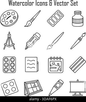 Set icone acquerello: Illustrazione vettoriale dipinta a mano, raccolta di simboli decorativi artistici Illustrazione Vettoriale