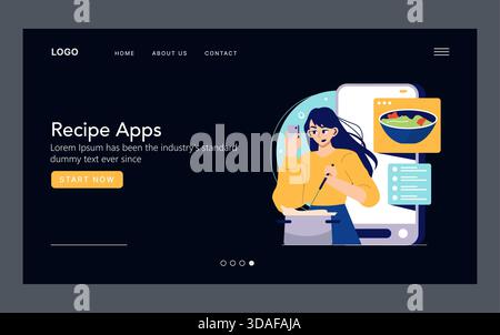 Illustrazione vettoriale di una persona che cucina un piatto utilizzando un'app ricetta su uno smartphone, sottolineando la tecnologia e le abilità culinarie. Design semplice per i contenuti digitali. Illustrazione Vettoriale