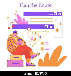 Immagine vettoriale di una persona seduta sul bagaglio utilizzando uno smartphone per pianificare un percorso con un'interfaccia mappa online. La scena include note musicali e liste di controllo, che riflettono un tema di viaggio. Illustrazione Vettoriale