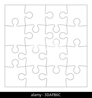 Esempio di sfida di gioco puzzle. Puzzle mockup. Puzzle seghetto alternativo modello da 16 pezzi. Dettagli del puzzle 4x4 del gioco pensativo. Enigmi mentali piatti Illustrazione Vettoriale