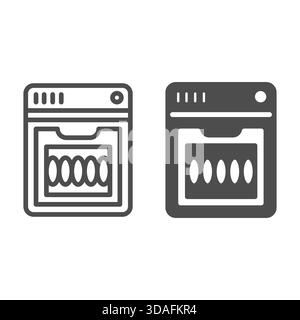 Lavastoviglie con pulsanti e piastre a linea e icona a tinta unita, concetto di lavaggio. Grafica vettoriale. Macchina per cartelli lavaparabrezza su sfondo bianco, Illustrazione Vettoriale