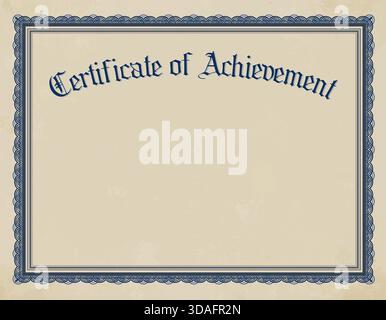 Modello di certificato di conseguimento. Bordo circolare blu su carta a trama con spazio di copia. Premio per i risultati ottenuti o il riconoscimento assegnato Illustrazione Vettoriale
