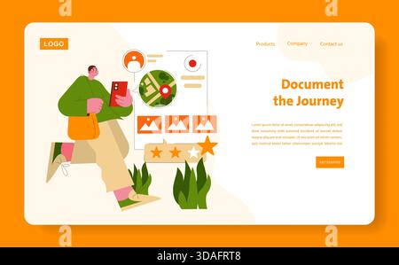 Illustrazione vettoriale che raffigura un viaggiatore che tiene in mano uno smartphone mentre esplora i piani di viaggio. La scena include elementi della mappa, marcatori di destinazione e stelle di valutazione che riflettono l'esplorazione del viaggio. Illustrazione Vettoriale