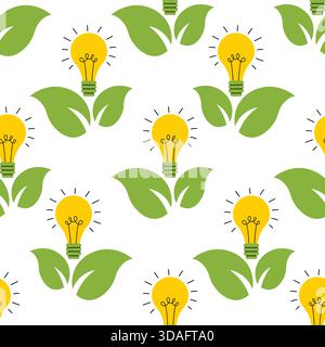 Design ecologico senza cuciture con simbolo della lampadina e foglie verdi fresche. Lo stile semplice e piatto dei cartoni animati crea un'atmosfera naturale ideale per l'ambiente Illustrazione Vettoriale