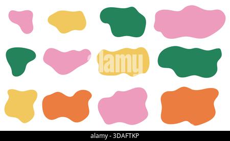 Set di macchie colorate irregolari con curve organiche morbide e striscio liquido. Forme astratte lisce in un luminoso stile cartoni animati, perfetto per bac Illustrazione Vettoriale