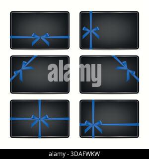 Set di buoni regalo neri con cassetti a nastro blu, isolati. Eleganti modelli di buoni sconto Vector e carte fedeltà per i saldi invernali di Natale e Capodanno Illustrazione Vettoriale