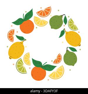 Bordo arrotondato decorativo con agrumi. Limone, arancia, lime, spicchi e foglie verdi fresche con piccoli punti. Design a cartoni animati piatto. Illustrazione Vettoriale