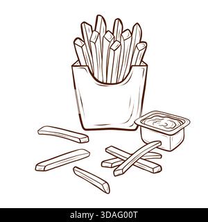 Patatine fritte in una confezione con fette singole sparse e salsa in un contenitore di plastica. Illustrazione lineare vettoriale in stile incisione Illustrazione Vettoriale