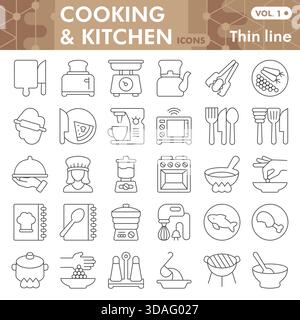 Collezione di simboli di cucina o schizzi, tema della cucina con insegne in stile sottile per Web e app. Grafica vettoriale isolata su sfondo bianco Illustrazione Vettoriale