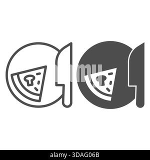 Piatto con fetta di pizza e linea di coltelli e icona solida, concetto di cucina. Grafica vettoriale. Insegna Pizza su sfondo bianco, icona stile contorno per Illustrazione Vettoriale