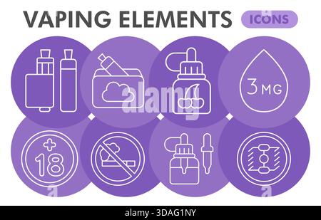 Vaping di una collezione di simboli o schizzi, vaping di elementi tema bolla con linee sottili in stile cartelli per Web e app. Grafica vettoriale isolata sul retro bianco Illustrazione Vettoriale