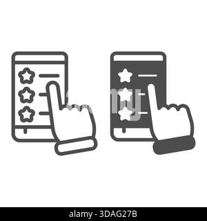 Smartphone con stelle di valutazione, linea del puntatore a mano e icona fissa, concetto di lunedì cibernetico. Grafica vettoriale. Mano con il cartello sullo schermo del telefono sul backgroun bianco Illustrazione Vettoriale