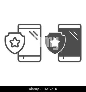 Linea del contrassegno dello smartphone dell'anno e icona continua, concetto di lunedì cibernetico. Grafica vettoriale. Gadget e stella sull'emblema, insegna della scelta migliore sul backgroun bianco Illustrazione Vettoriale