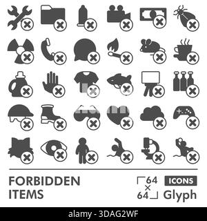 Oggetti proibiti, collezione di simboli o schizzi, tema proibizionismo con insegne in stile glifo per Web e app. Grafica vettoriale isolata su backgroun bianco Illustrazione Vettoriale