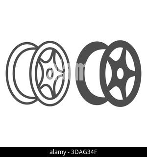 Linea del disco dell'auto e icona continua, concetto di parti di ricambio dell'auto. Grafica vettoriale. Disco, ruota senza cartello pneumatico su sfondo bianco, icona stile contorno per cellulare o. Illustrazione Vettoriale
