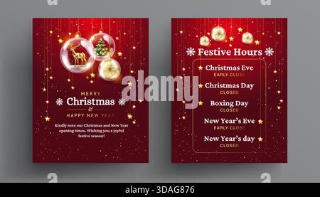 Rosso e dorato di lusso buon Natale e felice anno nuovo cartelli del negozio con orari festivi - modelli verticali per banner sui social media, poster per stampa Illustrazione Vettoriale