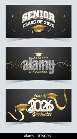 Elegante design nero e oro Classe 2026 con nastro e testo metallizzato di alta qualità Illustrazione Vettoriale