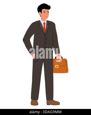 Uomo d'affari con una tuta da lavoro grigia in piedi e con una valigetta in mano. Uomo d'affari. Raccolta di professioni. Illustrazione Vettoriale