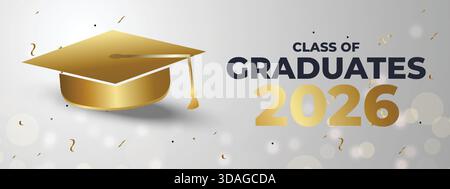 Elegante striscione Graduation 2026 bianco e oro con un'icona grande del berretto oro e un layout moderno e pulito Illustrazione Vettoriale