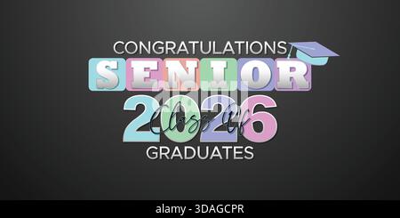 Striscione di laurea senior classe 2026 in stile neon con testo colorato, perfetto per i moderni design da festa Illustrazione Vettoriale