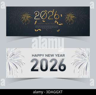 Elegante striscione di Capodanno 2026, fuochi d'artificio di Capodanno 2026 e striscione d'oro Illustrazione Vettoriale
