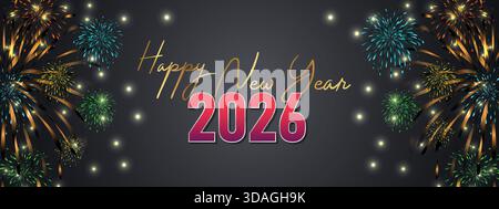 Colorato fuochi d'artificio felice anno nuovo 2026 Neon Burst Banner Illustrazione Vettoriale