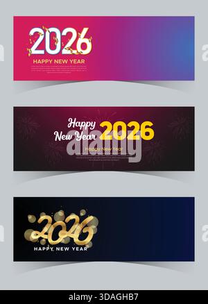 Striscione elegante per il Capodanno 2026 con sfondo radioso e carattere calligrafico Illustrazione Vettoriale