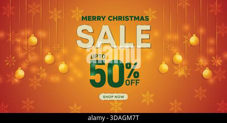 Caldo striscione natalizio dorato con ornamenti natalizi appesi e sfondo fiocco di neve Illustrazione Vettoriale