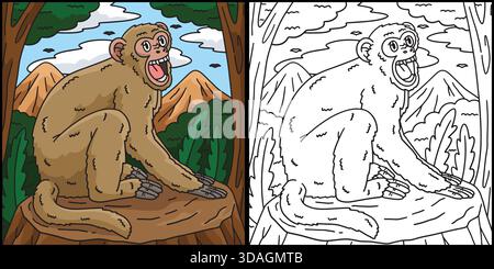 Illustrazione della pagina di colorazione delle scimmie rhesus Macaque Illustrazione Vettoriale