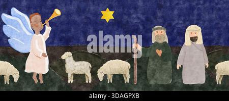Pastori della Natività, angeli, casa di Betlemme e pecore. Bordo senza cuciture ad acquerello dipinto a mano su sfondo scuro. Perfetto per i biglietti di Natale, domenica Foto Stock