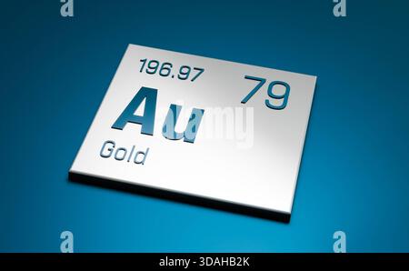 Oro, Au, elemento tavola periodica. Oro, Au, elemento tavola periodica. Scienza, metallo, elemento chimico, struttura, peso atomico, numero atomico. Illustrazione 3D science027s Periodic Table Element Gold Foto Stock