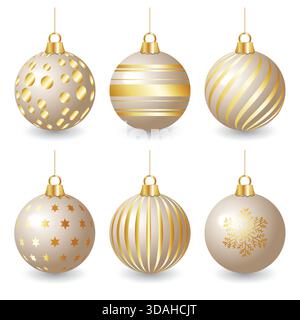 il set vettoriale di eleganti palle di natale è decorato con decorazioni di palle di natale in luccicanti strisce dorate Illustrazione Vettoriale