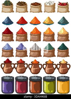 Varie spezie in sacchi, barattoli e vasi, illustrate in vivace stile vettoriale piatto Illustrazione Vettoriale
