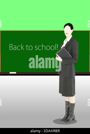 L'insegnante che tiene un libro è davanti a una lavagna con le parole di ritorno a scuola! scritto sopra. Illustrazione disegnata a mano Illustrazione Vettoriale