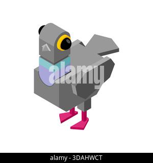 isometrico di un piccione in volo con i piedi rosa. Moderno design prospettico per scene di città e natura. Illustrazione Vettoriale